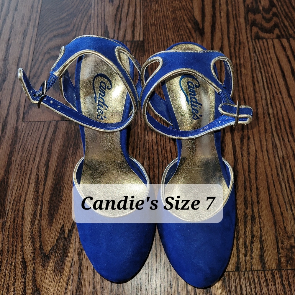 Candies Blue Faux Suede 5 Inch Platform Heels Size 7 M With Gold Trim - Picture 4 of 11